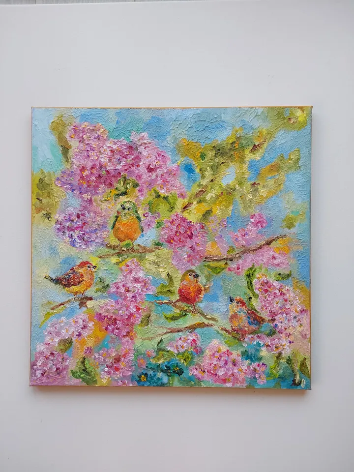 "Spring. Bird talk" oil painting on textured canvas 50x50cm (20x20 inches).