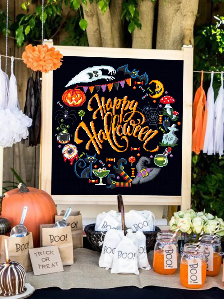 Happy Halloween cross stitch pattern download PDF Funny cross stitch Halloween quotes chart Modern cross stitch Cute Halloween pattern #H21