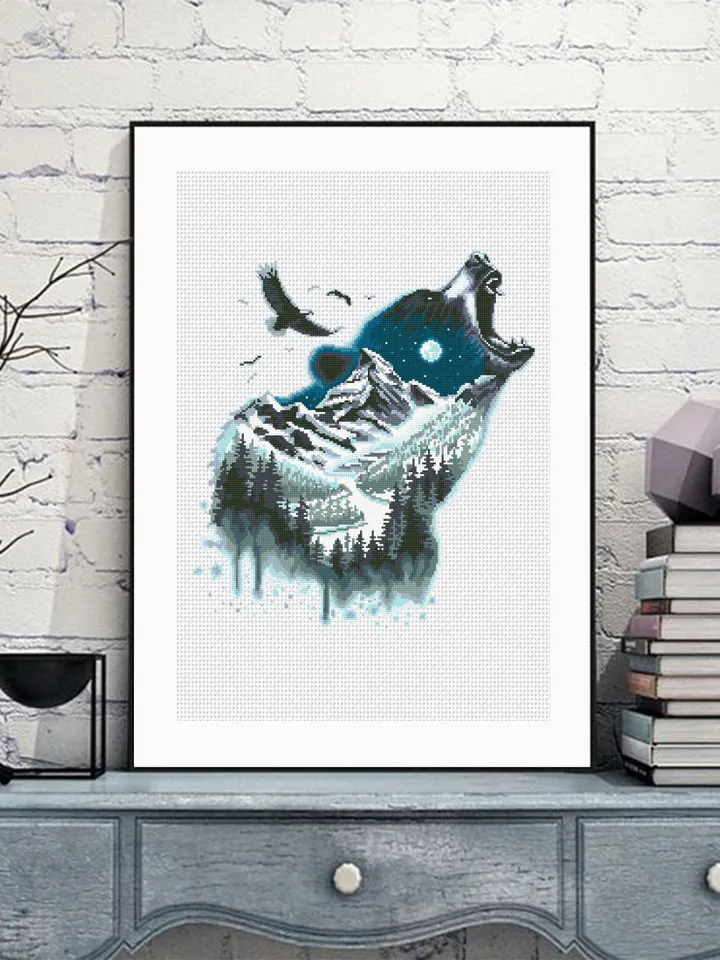 Wild grizzly bear cross stitch pattern PDF download Bear silhouette cross stitch chart, Animal pattern digital PDF, Mountain landscape #L78