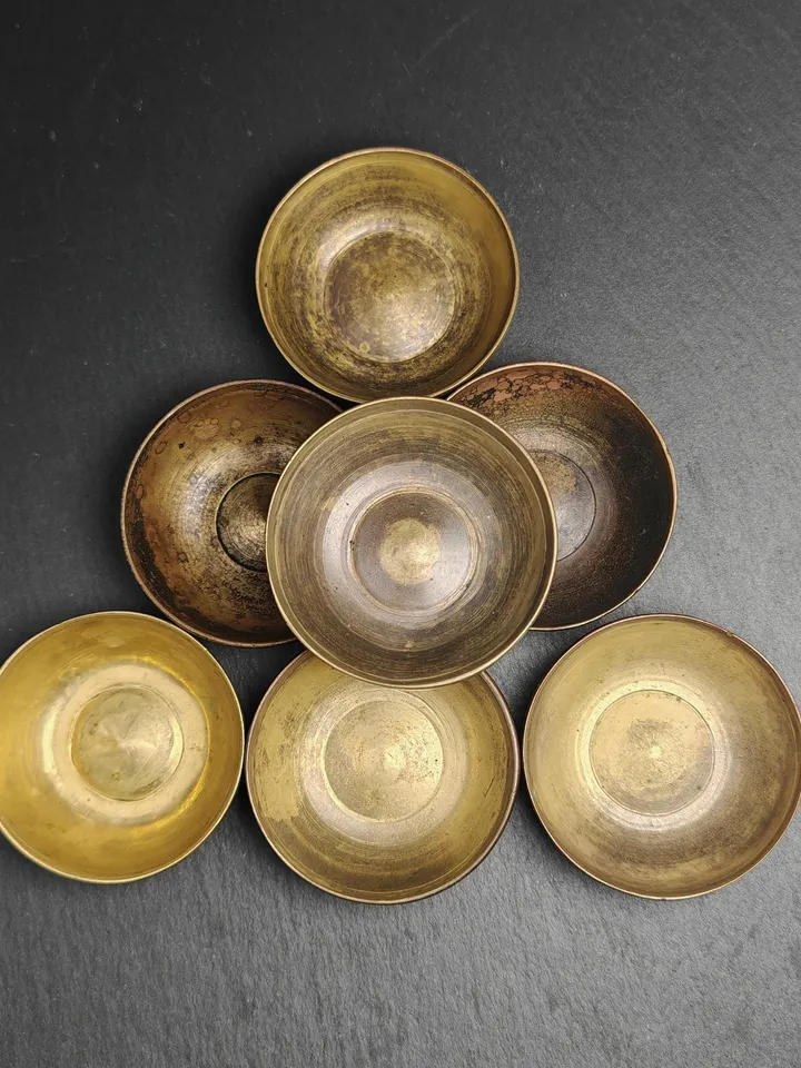 Gandhanra Old Tibetan Buddhist Water Offering Bowls,Yonchap Bowls,1 Set of 7 Bowls,Offerings in Monastery,40 Years Old,2.4" × 0.8"