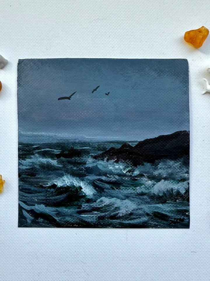 Small Landscape Painting Framed Original Foggy Cliff Painting Antique Misty Art Coastal Gold Frame Tiny Paintings 4 x 4 Art Victorian artwork
