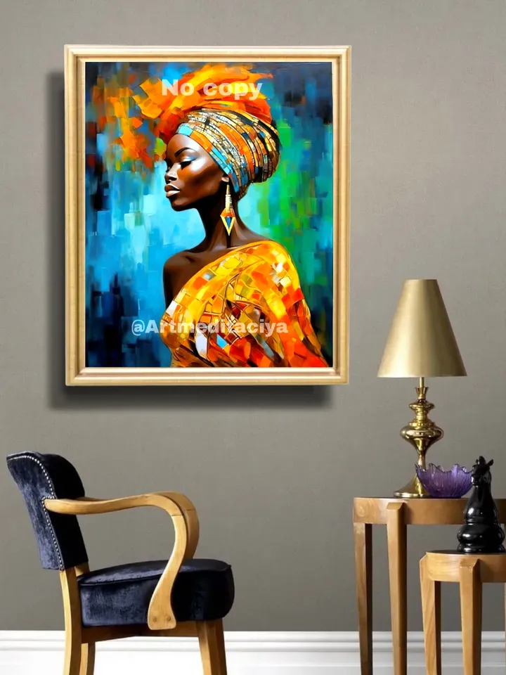 Digital abstract texture painting "Mysterious Mulatto woman" on an abstract blue-blue-green background. This is a vivid image of a beautiful African woman in a yellow-orange outfit and a turban in the style of oil painting