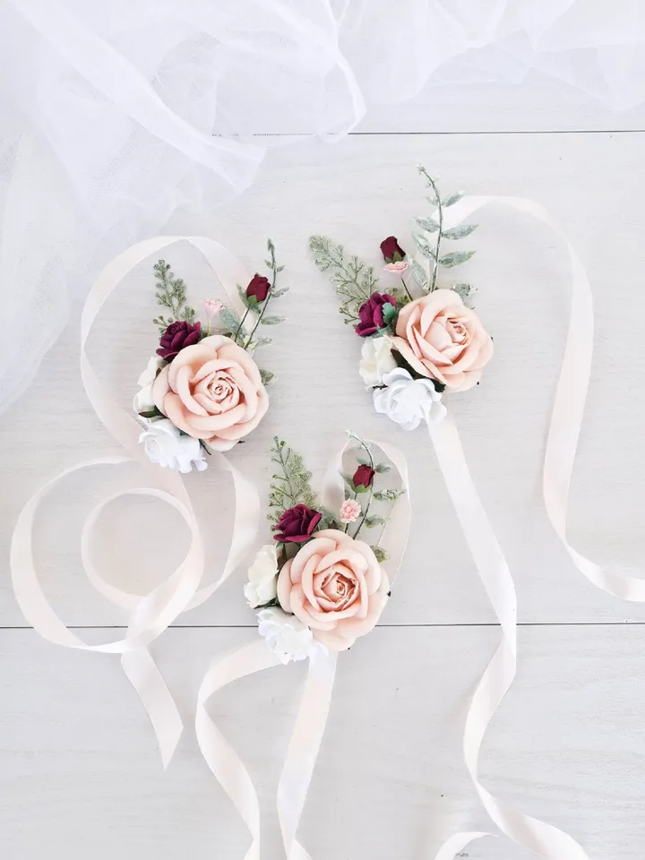 Blush Burgundy corsage, Bridesmaid corsage, Bridal corsage, Wedding corsage, Blush rose corsage, Mothers corsage