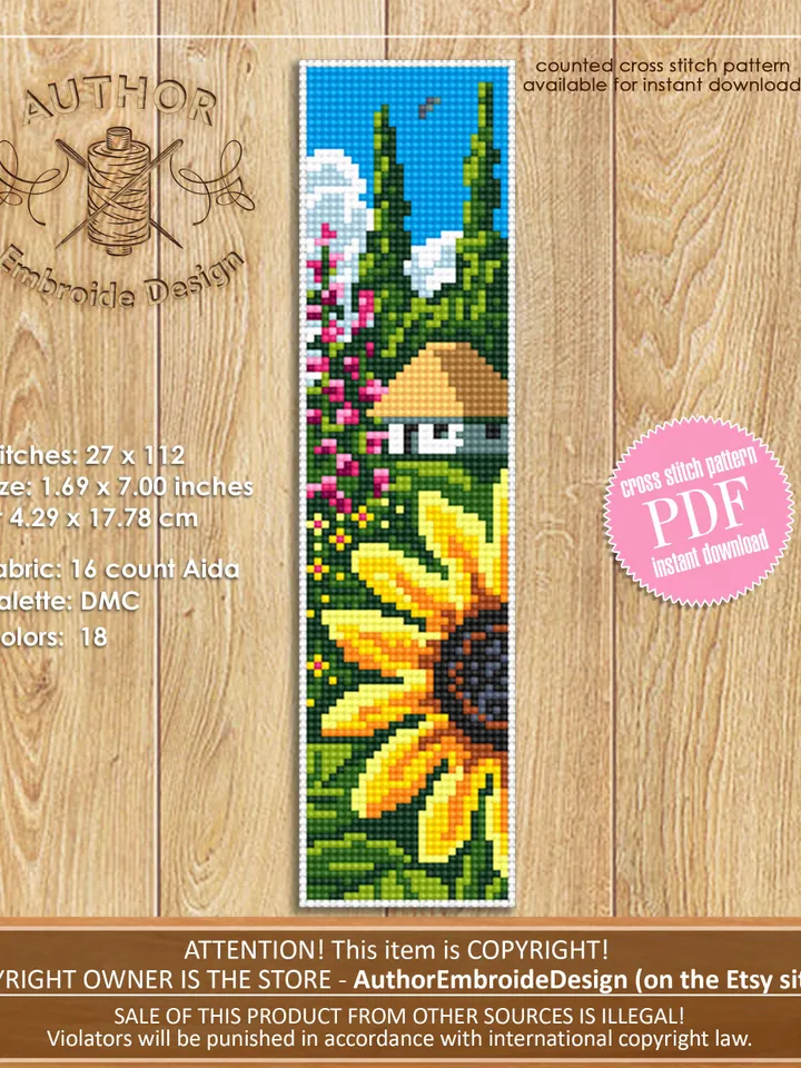 Bookmark set Ukraine cross stitch pattern PDF download Nature cross stitch chart, Bookmark pattern digital PDF, Sunflower, Village #B234