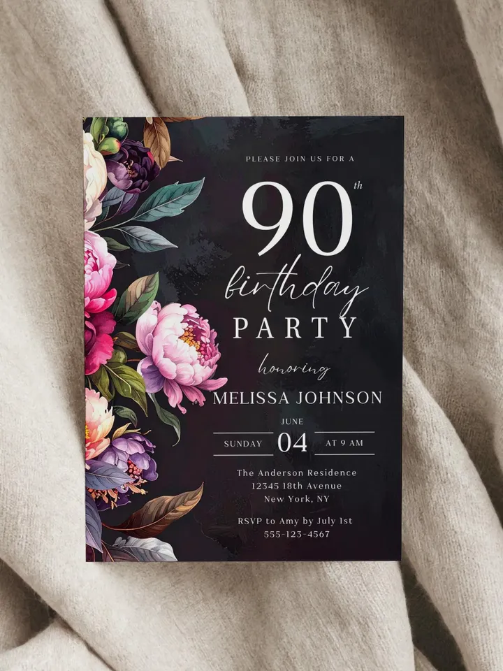 90th Birthday Invitation for women – Moody Burgundy & Blush Peony Floral Invitation, Elegant Dark Men Birthday Party Invite Canva Template