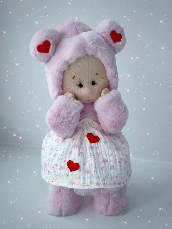 Memory bear doll. Handmade Valentine doll. Soft plush doll with heart. Gift for her.
