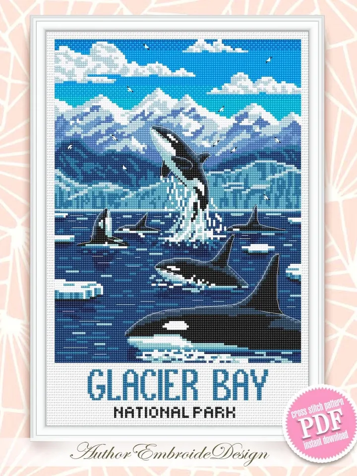 Glacier Bay National Park cross stitch pattern PDF download Killer whale cross stitch chart, Splashing Orcas in Alaska, Travel poster #L102