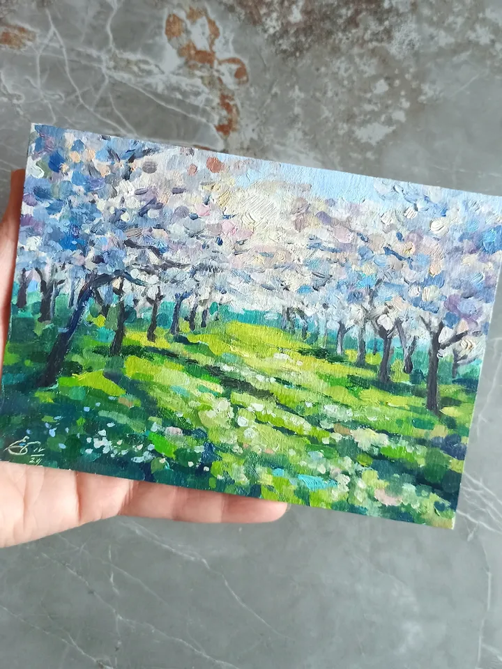 Bright Landscape Flowering Fruit Trees Beautiful Garden Small Oil painting 5x7 inches Cherry Blossoms