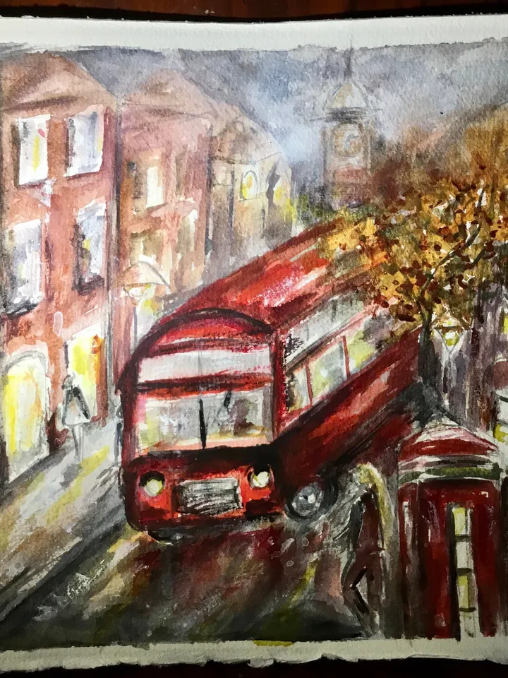 London painting,original watercolor painting,cityscapes painting,London streets painting,London bus,Big Ben art,wall hanging world capitals