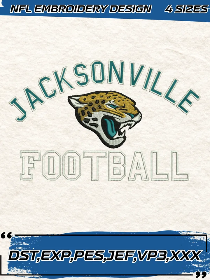 Jacksonville Jaguars Embroidery Designs, Football Team NFL Machine Embroidery Digitized Pes Files, 4 Sizes, Digital Download