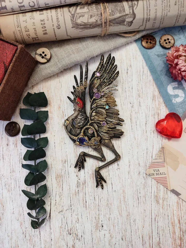 Dancing Crane brooch, bird brooch, crane, bird jewelry, brooch with stones