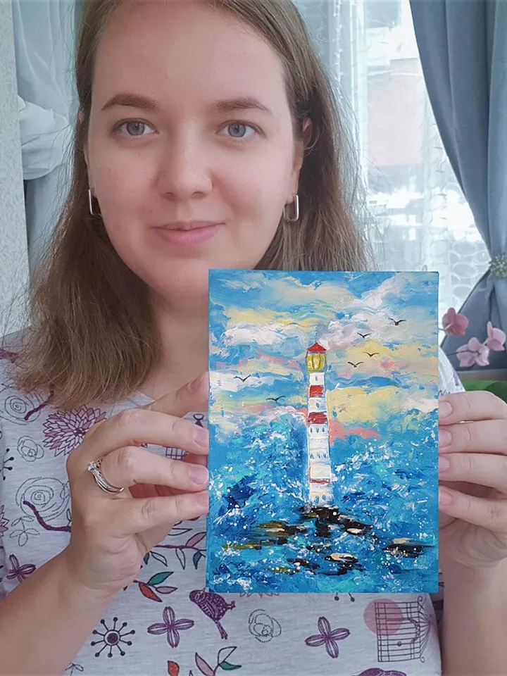 Lighthouse Painting Seascape Original Art Beach Wall Art Small Oil Painting