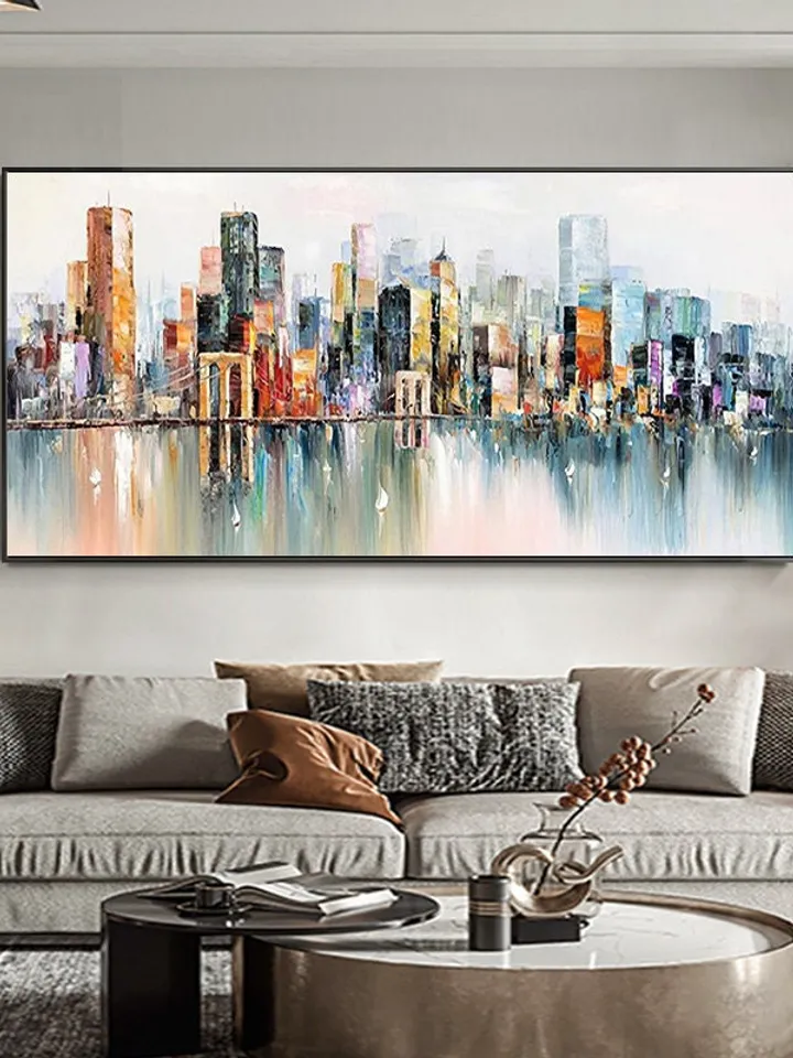 Abstract Cityscape Oil Painting, Large Original Colorful Urban City Landscape Oil Painting on Canvas, Modern Blue Living Room Wall Art Decor