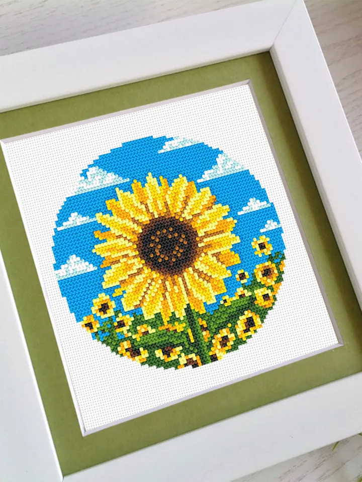 Sunflower cross stitch pattern download PDF, Yellow flowers cross stitch chart, Ukraine sunflower embroidery PDF, Easy beginner stitch #P33