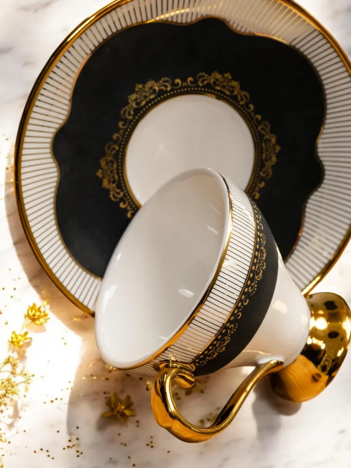 14K Genuine Gold Powder Porcelain Tea Cups And Saucers | Tea Cups Saucers Set | Gold Porcelain Set | Elegant Teaware | Gift For Tea Lovers