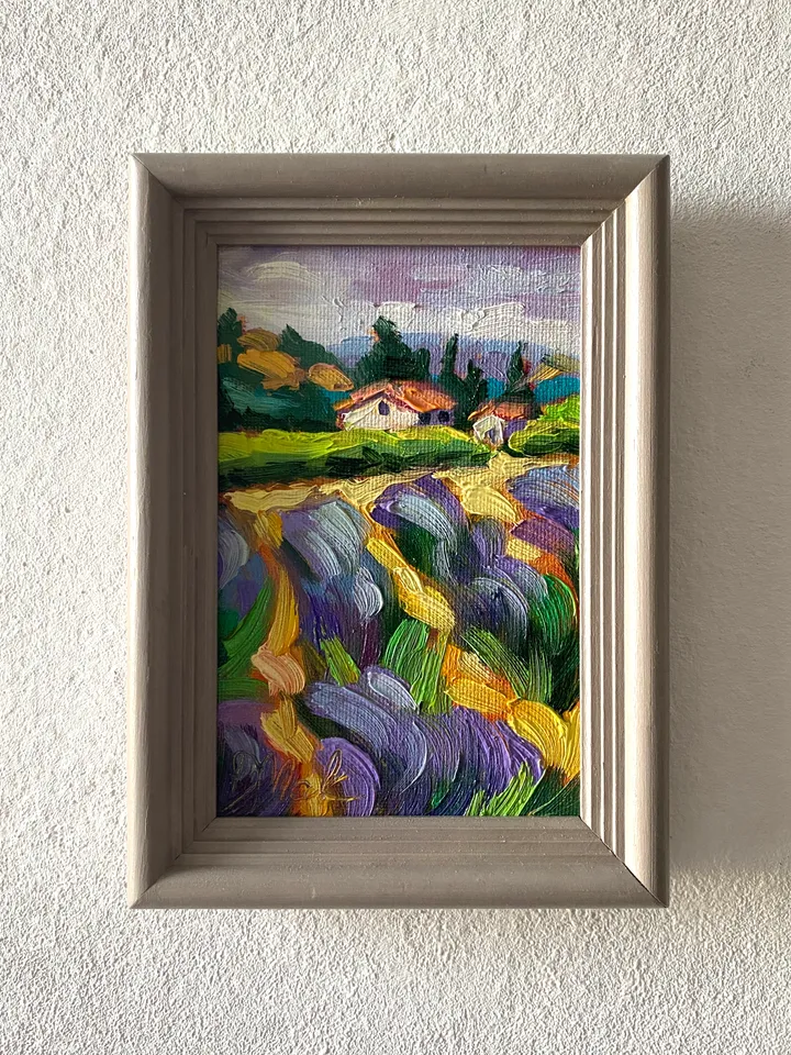 Lavender Fields Painting Tuscany Original Art Landscape Oil Painting Impasto Small Artwork 4x6 Tuscan Serenity Painting Wild Flowers