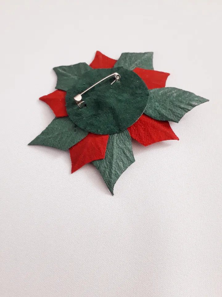 Red poinsettia leather brooch 3rd anniversary gift for wife, Leather women's jewelry