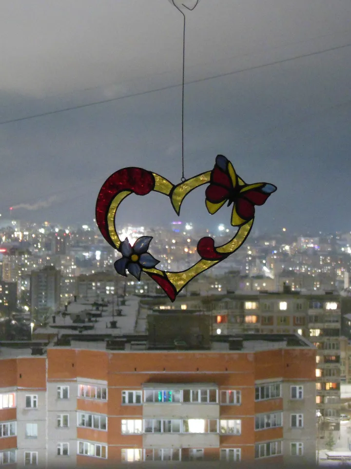 Valentine Heart with Flower and Butterfly . Red Yellow Blue . Art Stained glass window hanging Suncatcher