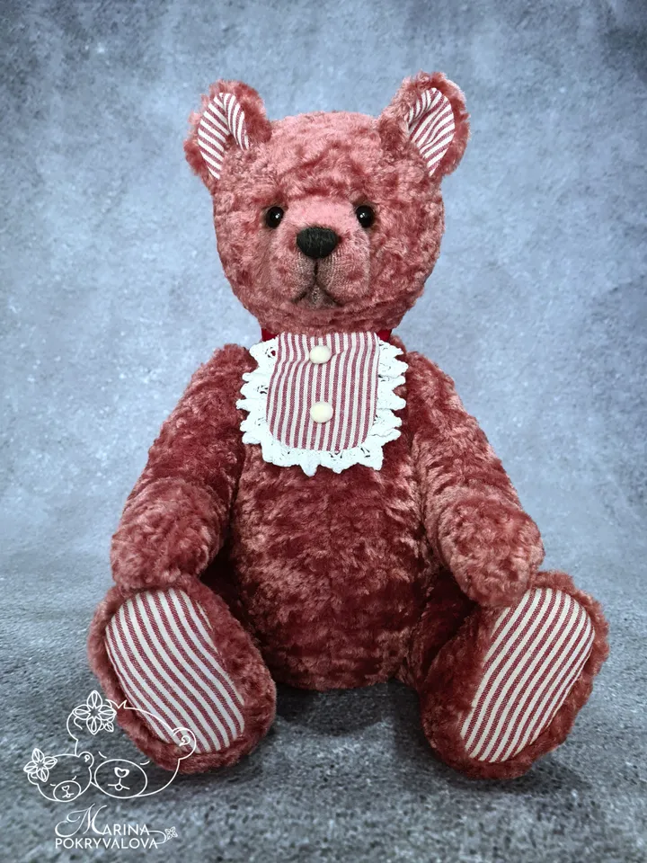 Handmade teddy bear. 34 cm plush bear toy. Dark pink teddy bear birthday gift.