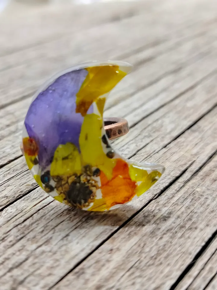 Moon statement ring Resin ring with flowers Viccan jewelry