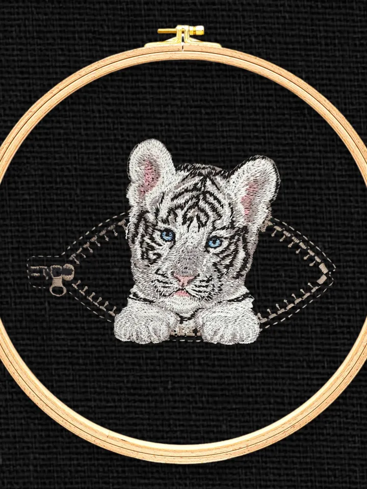 Tiger cub in a zipper pocket Miniature realistic machine embroidery design Pet design tiger realistic pattern tiger cub embroidery motif