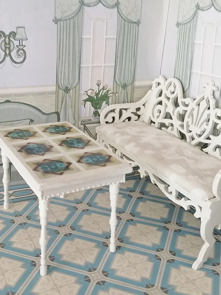 Doll table and sofa. Dollhouse miniature. 1:12. Handmade. Doll furniture. Furniture for doll's kitchen.