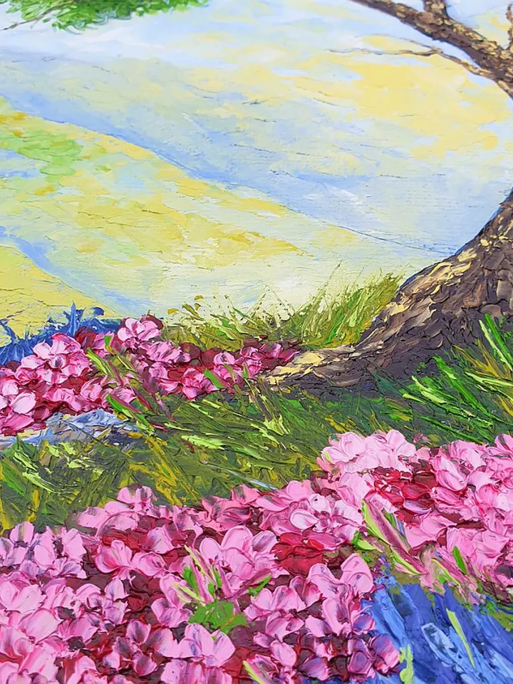 Cypress Tree Painting Lavender Original Art Landscape Artwork Oil Painting