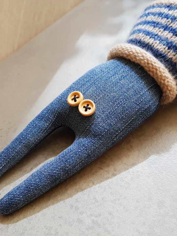 Rabbit sewing and knitted patterns PDF digital tutorial, denim Rabbit in striped sweater