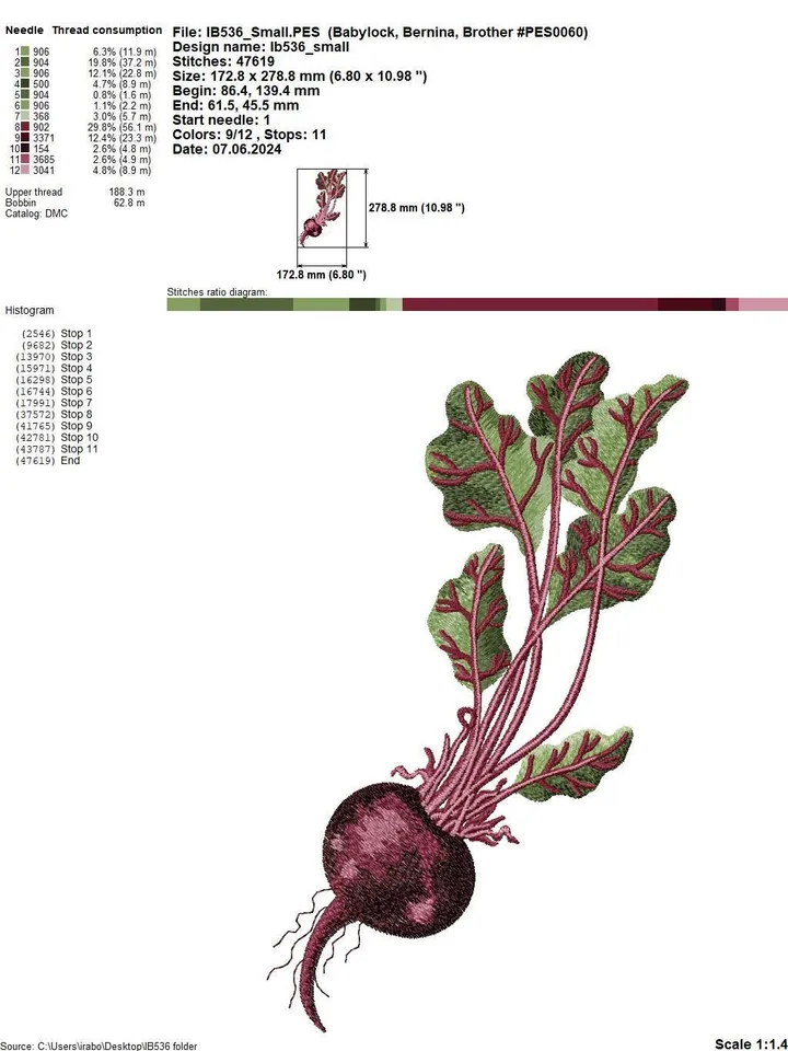 Machine embroidery design – Beetroot, in artistic satin stitch technique