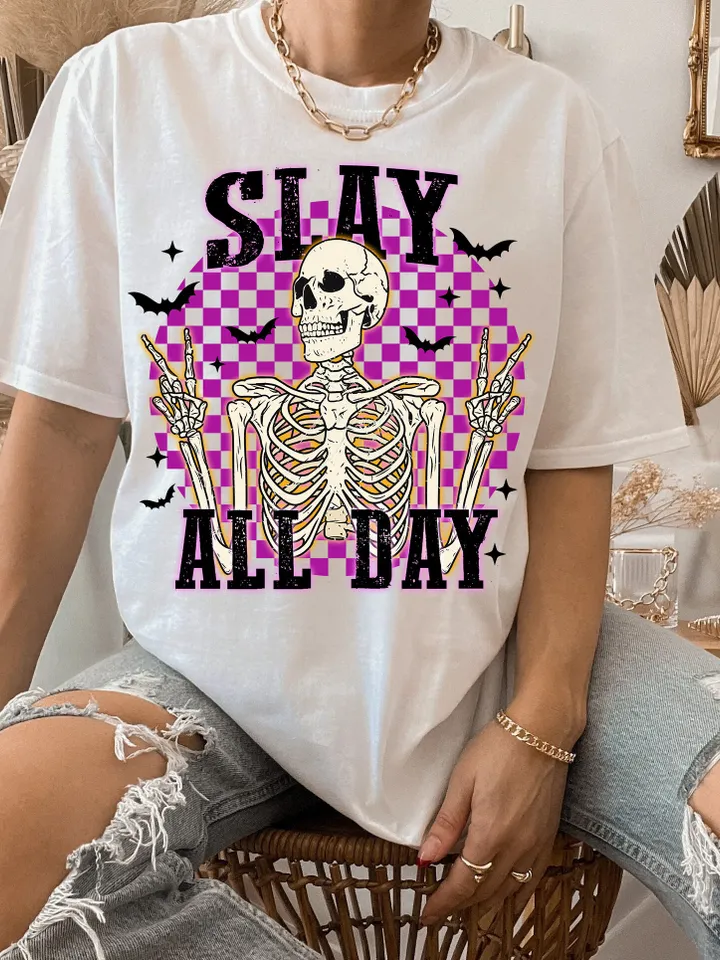 Horror Halloween png, retro Halloween sublimation design, slay all day horror png, trendy Halloween graphic for shirts, scary movie png