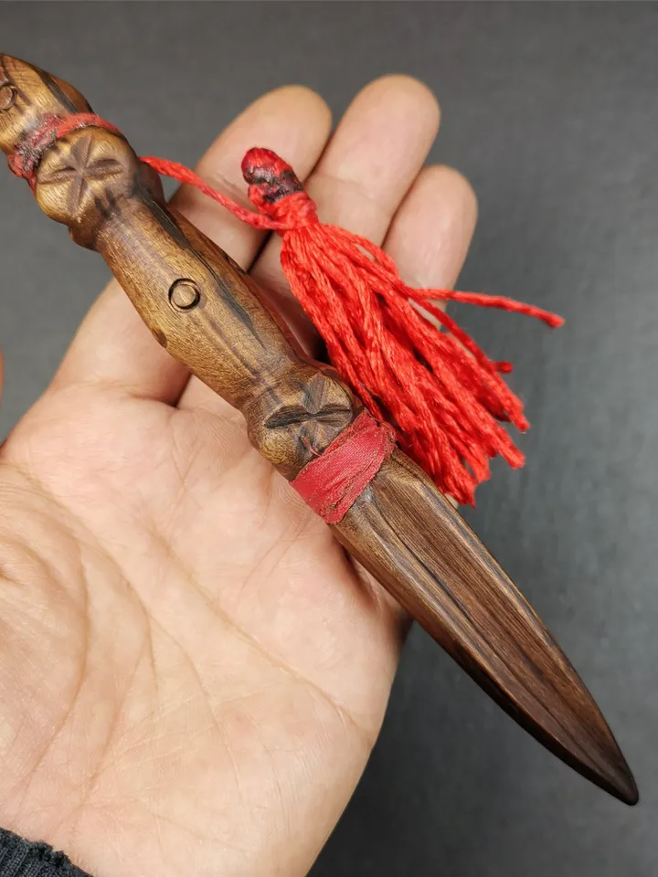 Gandhanra Old Tibetan Amulet,Unique Sandalwood Kila(Dorje Phurba), Dharma Ritual Implement from Gengqing Monastery,6.7"