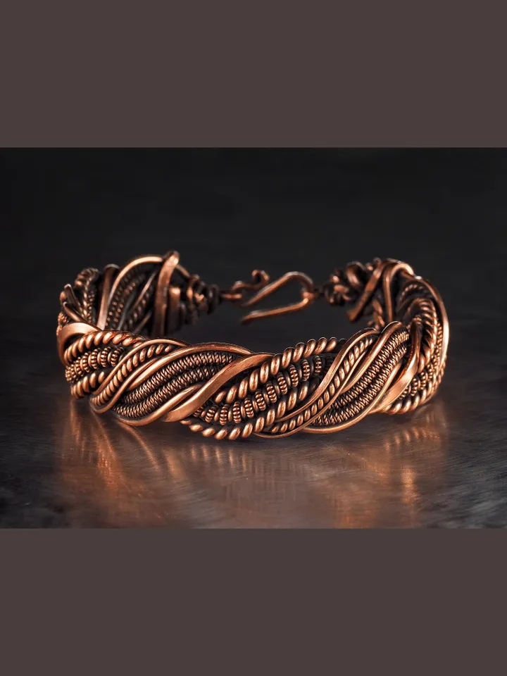 Wire wrapped bracelet, Unique 7th 22nd Anniversary gift idea, Art Nouveau antique style, One of kind braided statement bangle, Handmade oxidized pure copper jewelry, Pain relief, EMF protection