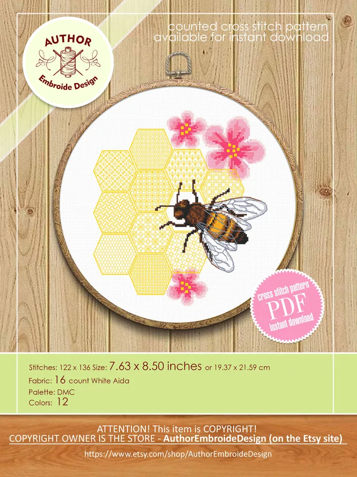 Honey bee cross stitch pattern PDF Honeycomb blackwork patterns download PDF, Honeybee floral blackwork embroidery, Bee hoop art #W14