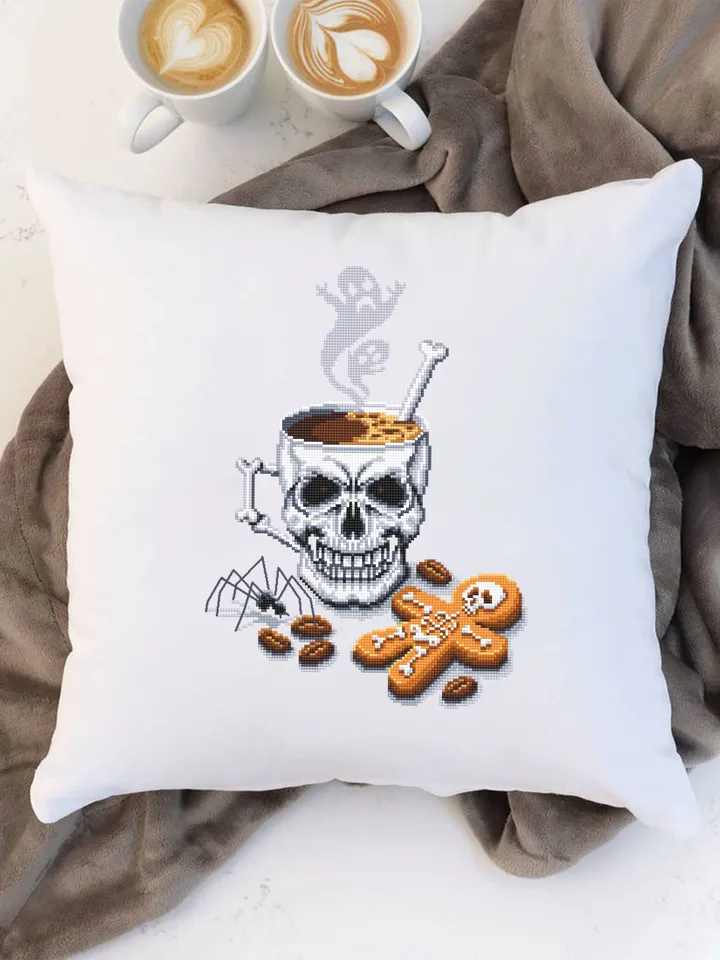 Halloween coffee mug cross stitch pattern download PDF, Gothic Halloween cross stitch chart, Horror Christmas cross stitch, Skull cup #H39