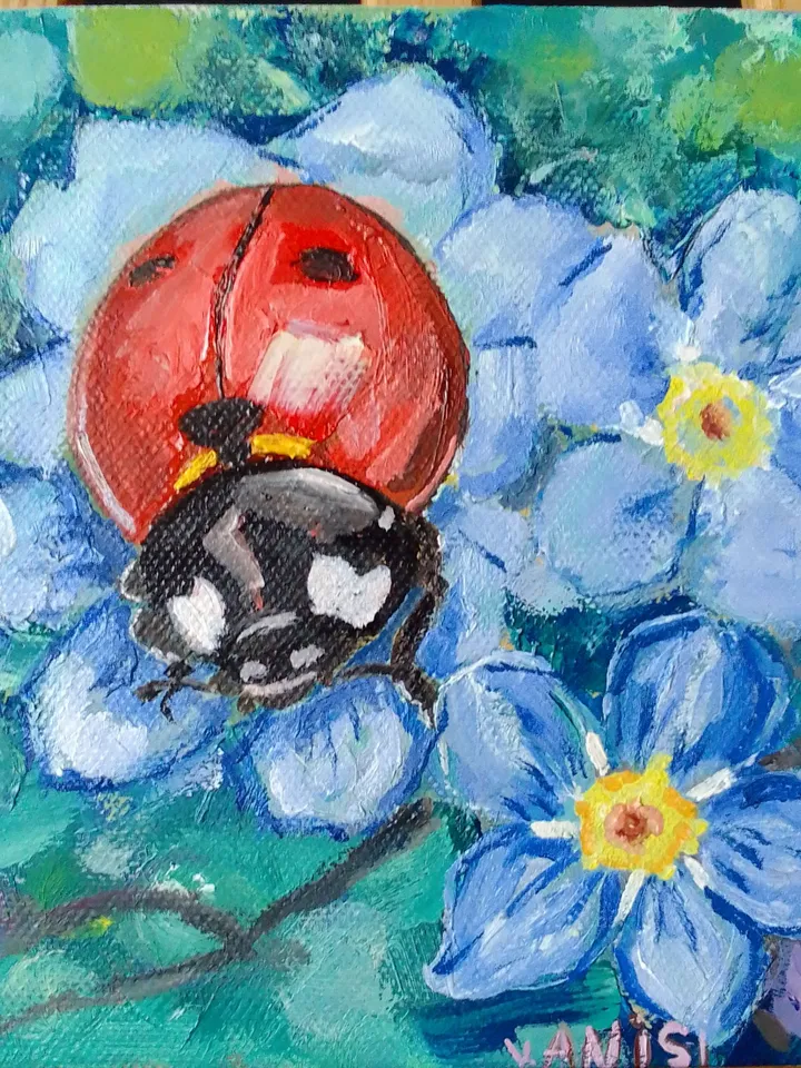 Ladybug Painting Original Art Animal Flower Painting Floral Small Art Insect