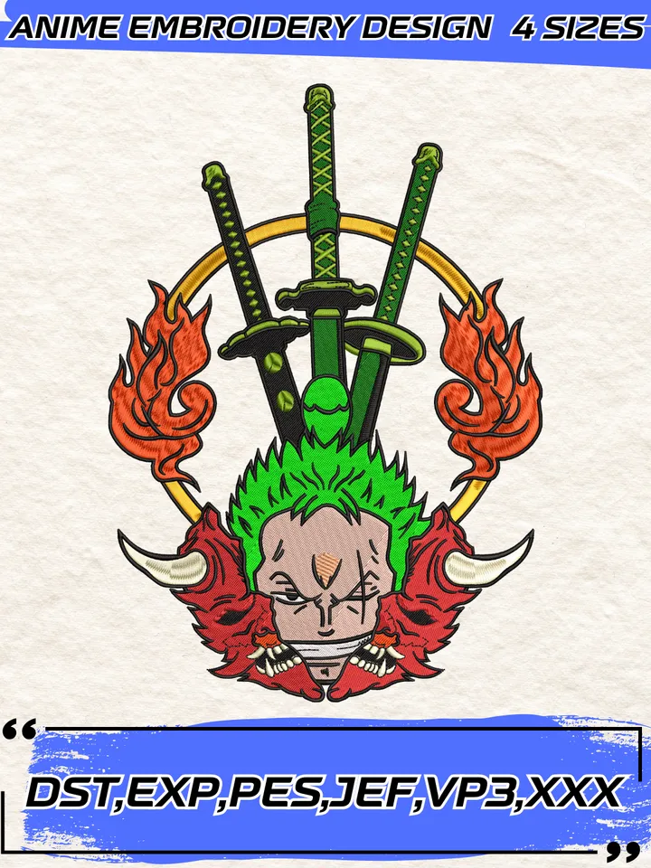 Zoro Devil Embroidery Design,One Piece Anime Embroidery Design,4 sizes, Instant Download