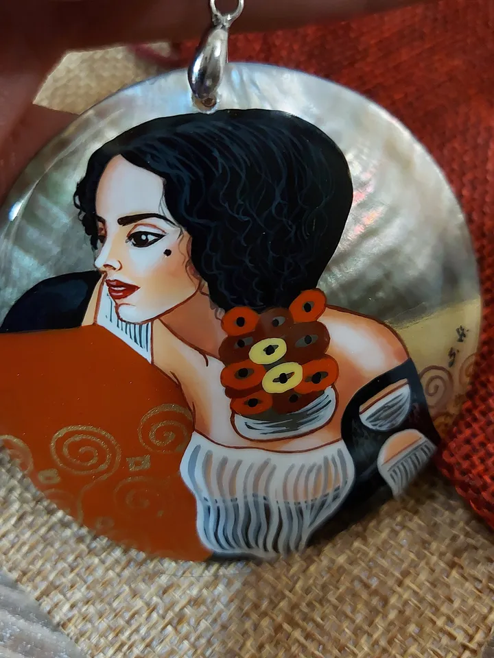 Gustav Klimt. Pendant " Judith ". Mother-of-pearl Russian hand-painted necklace. Hand paint necklace pendant.Hand painted miniature painting