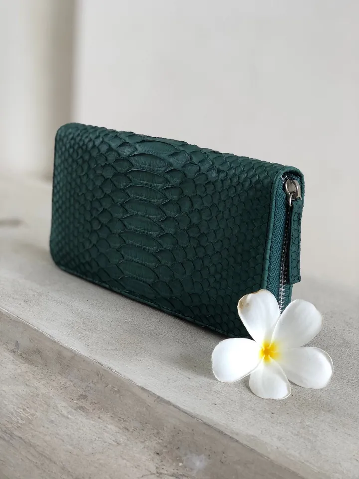 Python Wallet Dark Green | Genuine Python Skin Green Bottle Color Wallet Unissex | Calssy Elegant Python Genuine Leather Wallet Handmade New