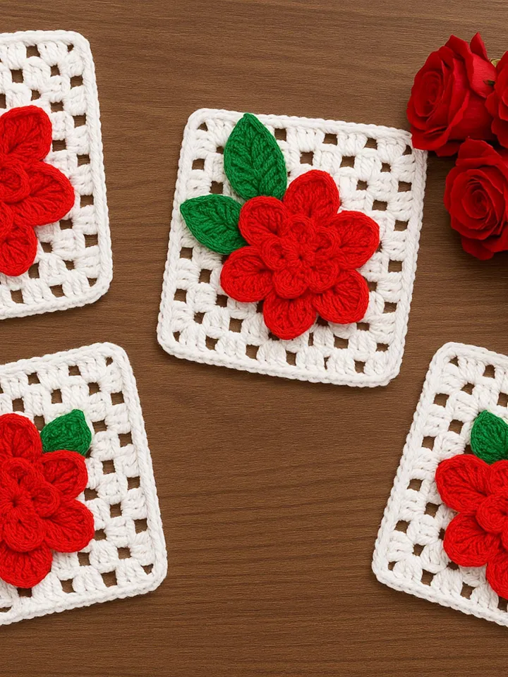 3D Crochet Granny Square Pattern PDF with Red Textured Bloom, DIY Afghan Blanket Motif, Instant Digital Download