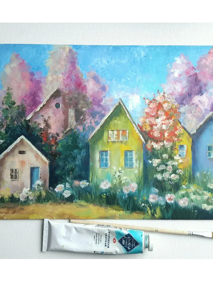 Colorful fairy-tale houses Original Oil Painting.