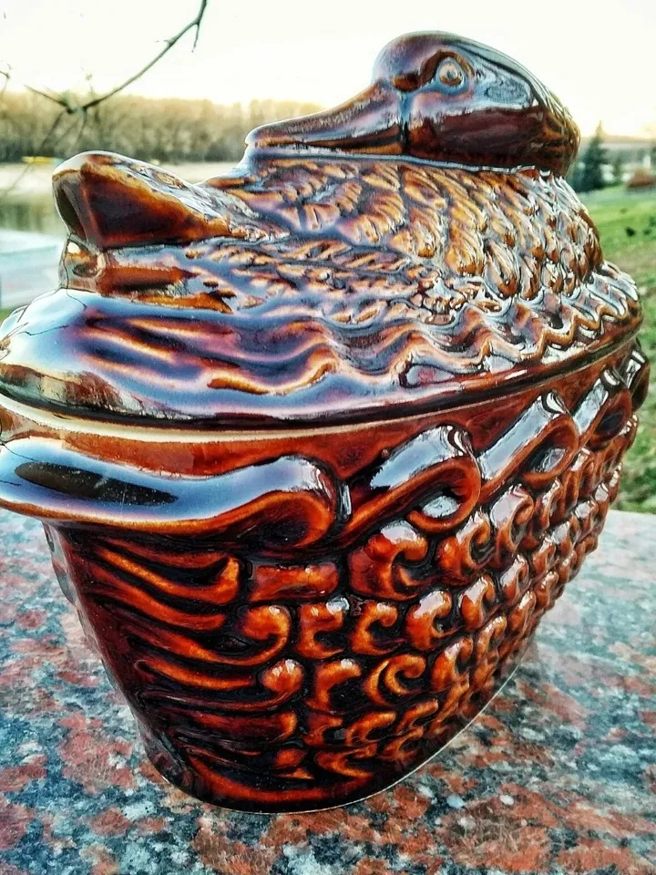 Ceramic pottery casserole Casserole with lid and handles carved pattern Handmade