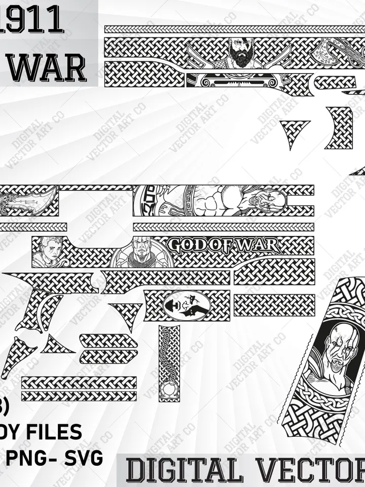 svg templates, Colt 1911 God of War Theme.1911 fiber laser art work, gun svg files,grips, vector art, ezcad svg file,patterns Stippling ,svg