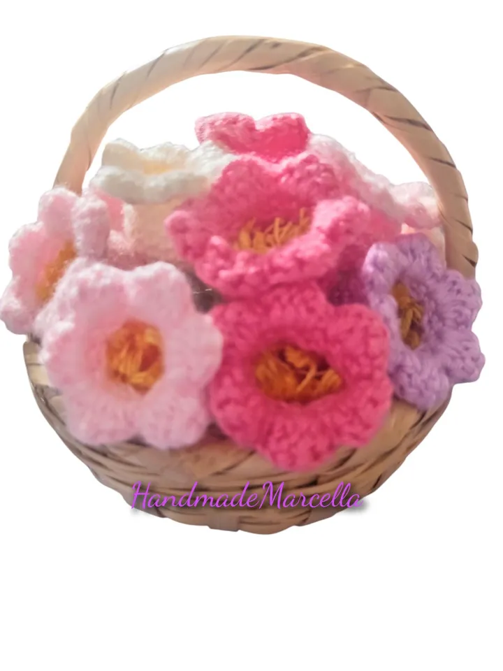 Handwoven Reed Basket with 12 Crochet Lily of the Valley Flowers β Rustic Handmade Home Decor β Hypoallergenic Acrylic Yarn Gift