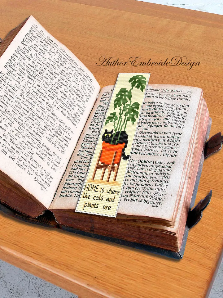 Cat bookmark cross stitch pattern download PDF Black cat cross stitch chart, Bookmark digital pattern PDF, Monstera, Home sweet home #B321