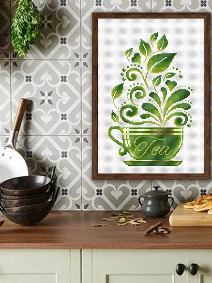 Tea cup cross stitch pattern download PDF, Awesome kitchen cross stitch chart, Funny embroidery beginner, Green tea cross stitch PDF #F7