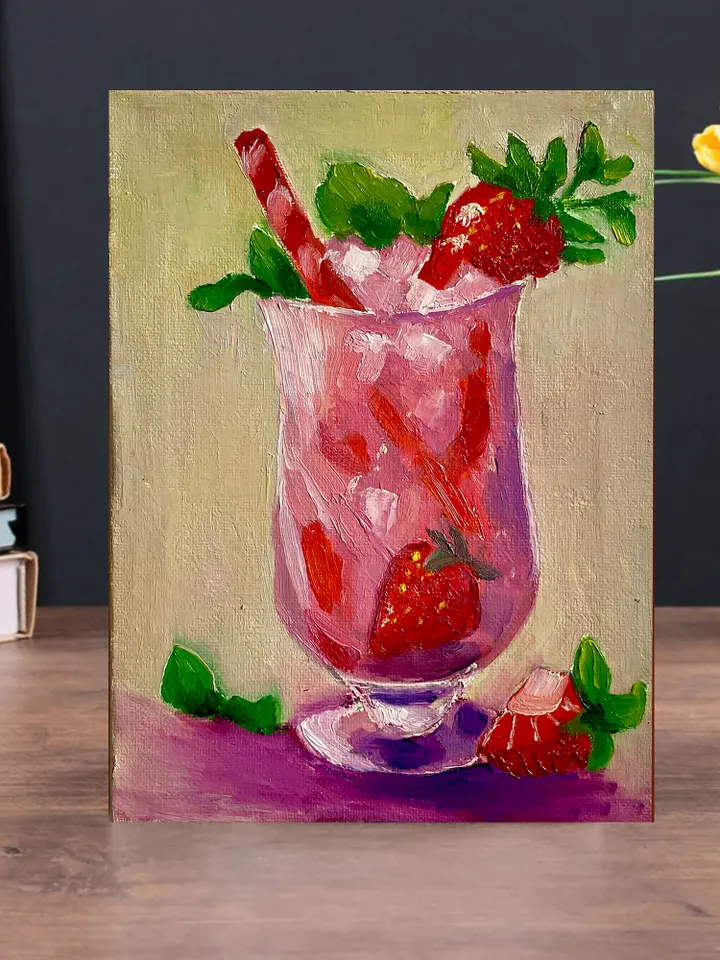 Strawberry Cocktail Oil Painting on Canvas Hand Painted Small Original Artwork, Drink art Still Life painting Perfect Bar and Kitchen Decor 8"x6"