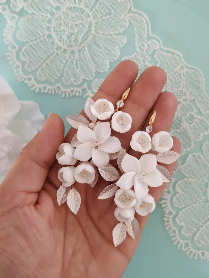 Silver, Gold, Rose Gold Boho Wedding Earrings, Porcelain Flower Bridal Earrings, Statement Wedding Earrings | Jewelry, Boho Bridal Earrings