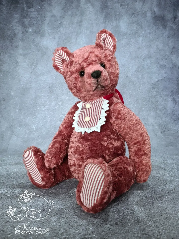 Handmade teddy bear. 34 cm plush bear toy. Dark pink teddy bear birthday gift.