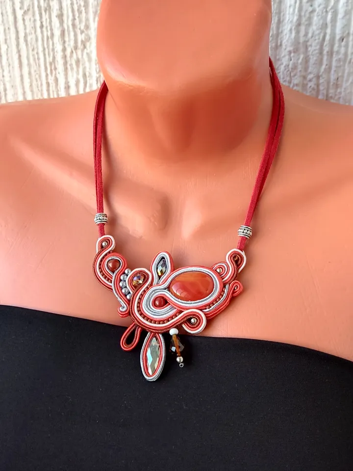 Red Statement Necklace with Carnelian Stone, Soutache embroidered necklace with natural stone