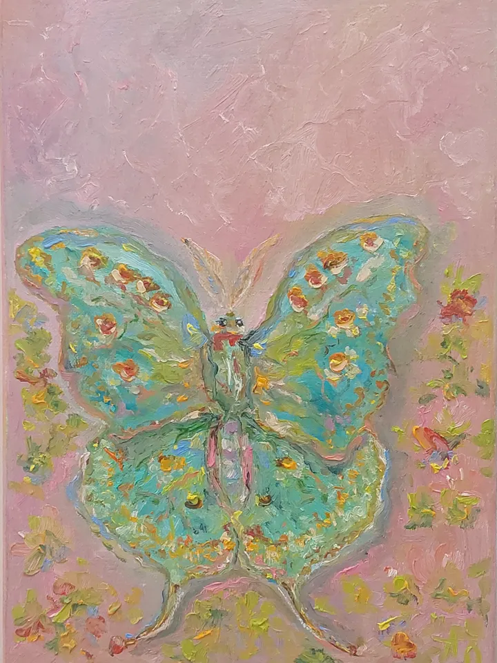 Oil painting on canvas "Silk butterfly" 25x35cm (10x14 inches) in shabby chic style